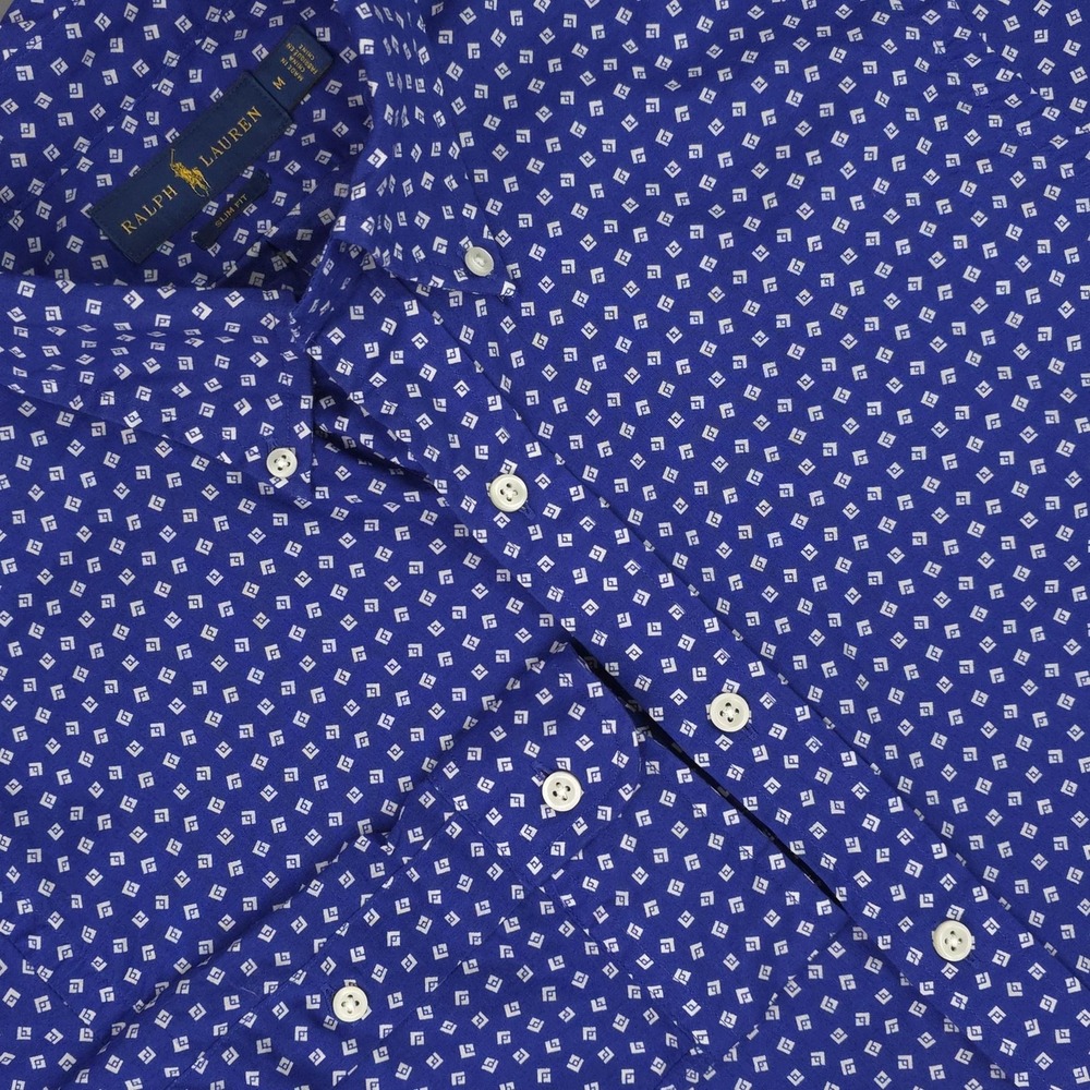 Ralph Lauren Shirt Mens Medium Blue Geometric Slim Fit Button Down Long Sleeve